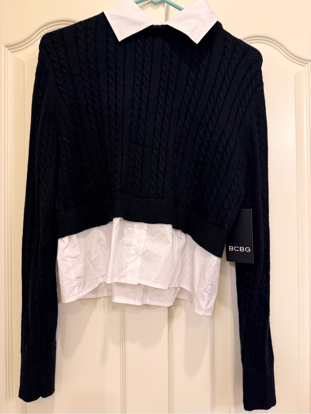 NWT BCBG Black Cable Knit Layered 2-In-1 Collared Shirt Sweater S